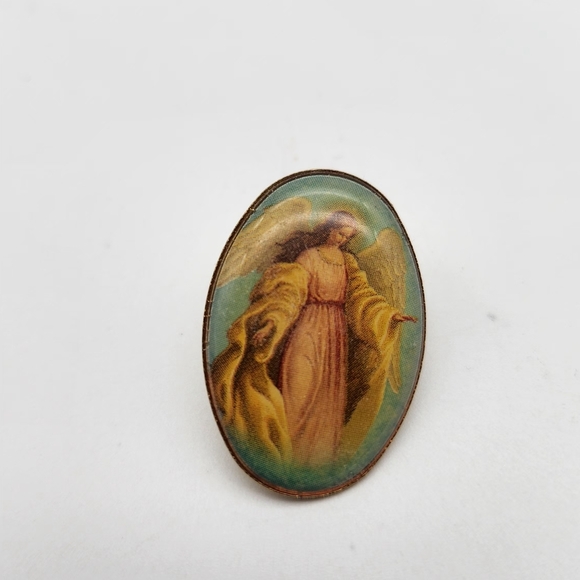 Vintage Victorian Guardian Angel Open Arms Enamel Oval Lapel Pin Religious Gift - Picture 2 of 4